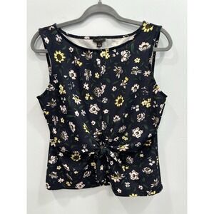Ann Taylor Floral Sleeveless Top M Navy Tie Front Blouse Career Office Romantic